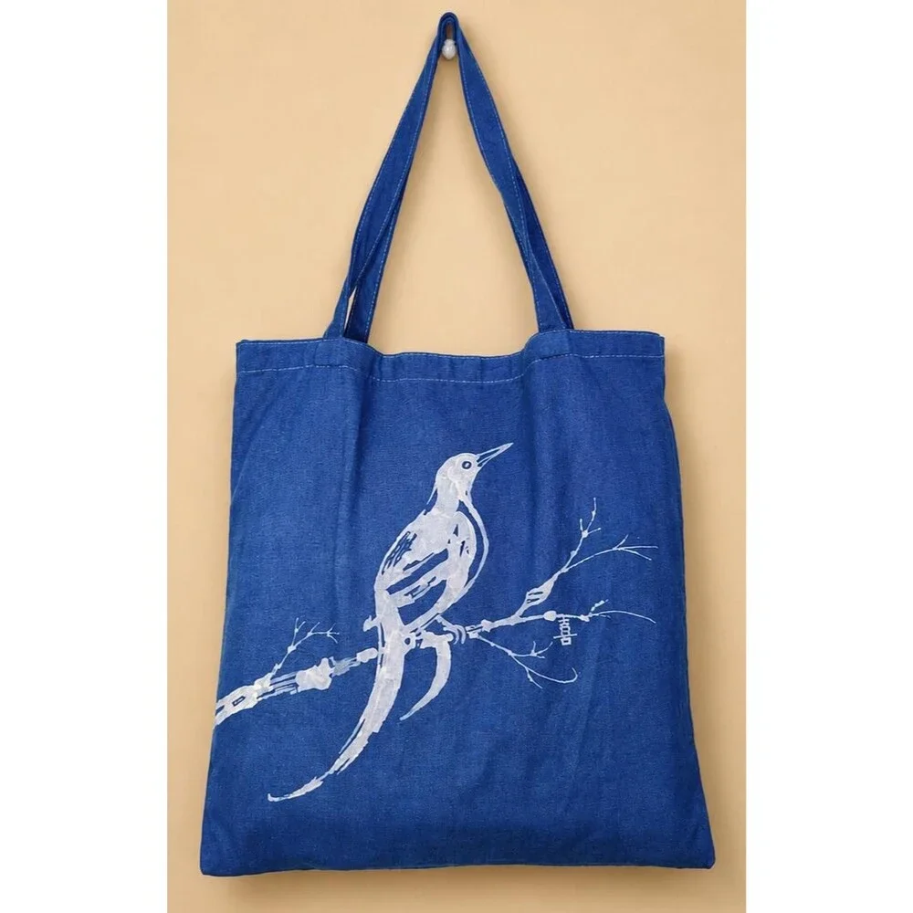 Nüshu Happiness Batik Tote | Indigo Magpie Plum Blossom Chinese Art Bag